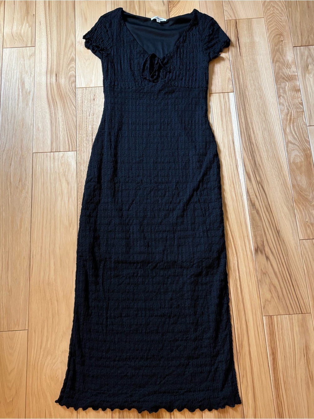 No Comment Black V Neck Tie Accent Side Slit Textured Maxi Dress